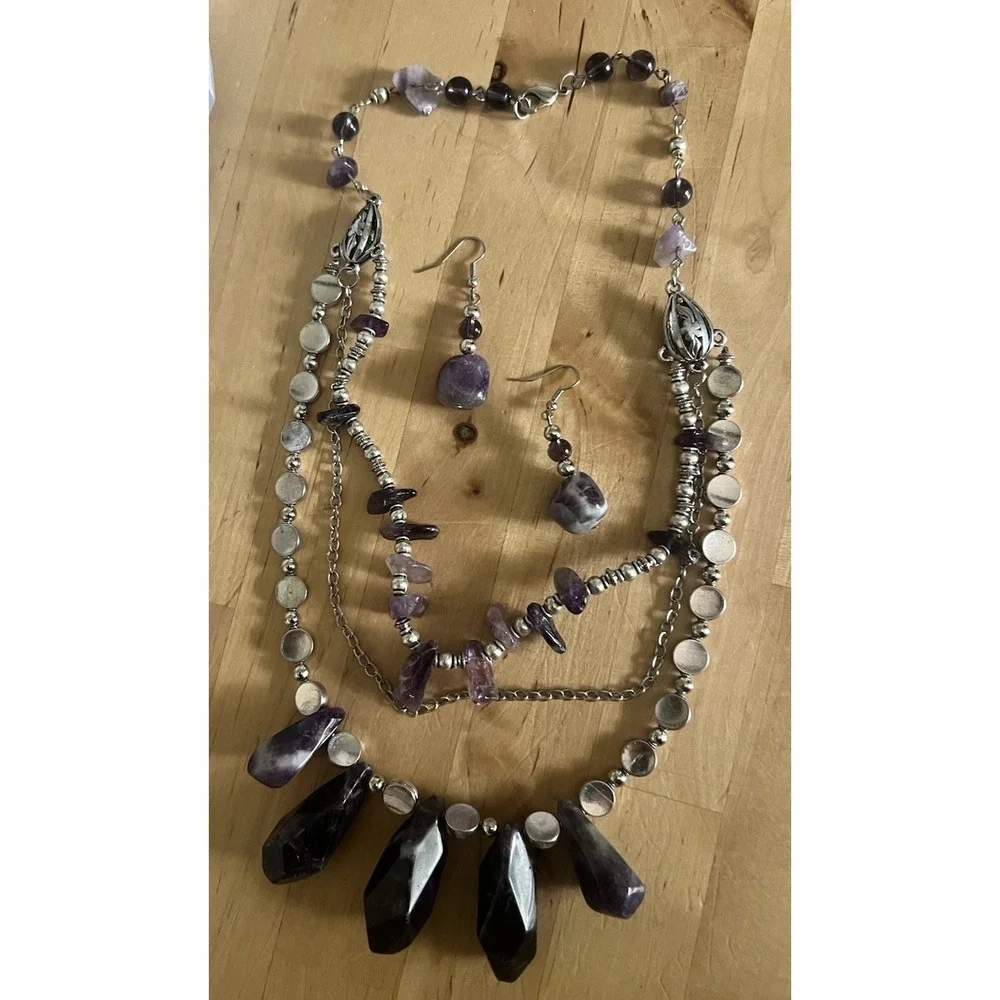 Genuine Amethyst Triple Layer Statement Necklace And Earrings Set 19